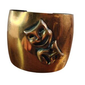 Handcrafted Copper Comedy & Tragedy Mask Thick Cuff Bracelet, Theater Drama Art